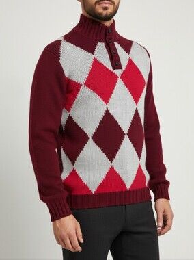 Andrea Fenzi Cashmere Argyle Mock Neck Sweater Made In Italy XL